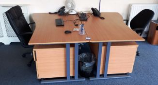 2 x Single Person Curved Desks Approx. 1600 x 1000, 2 x Pedestals & 2 x Office Chairs (Desks will
