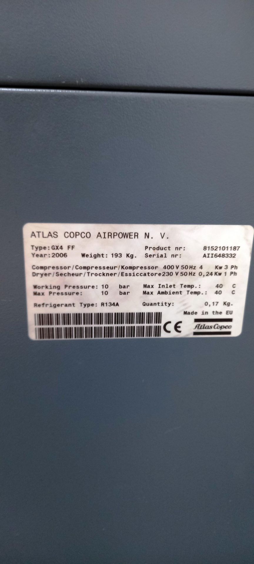 Atlas Cooper GX4FF Compressor 2006 Serial Number A11648332 – Requires Disconnecting - Image 2 of 2