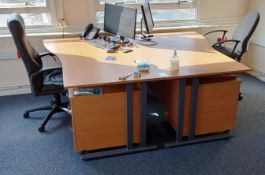 2 x Single Person Curved Desks Approx. 1600 x 1000, 2 x Pedestals, 2 x Various Monitors & 2 x Office