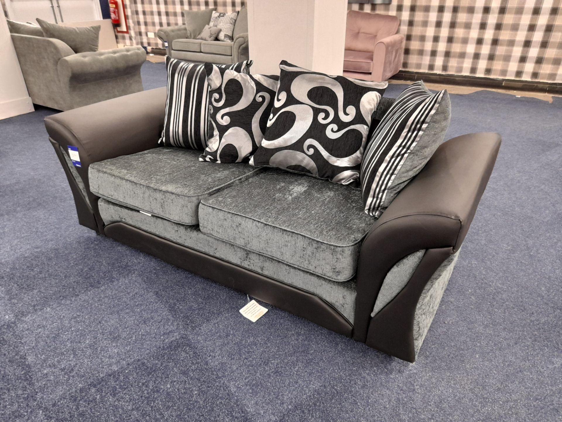 Black Leather/ silver-grey fabric upholstered, 3 seater, scatter cushioned back sofa (Ex-Display) - Image 2 of 4