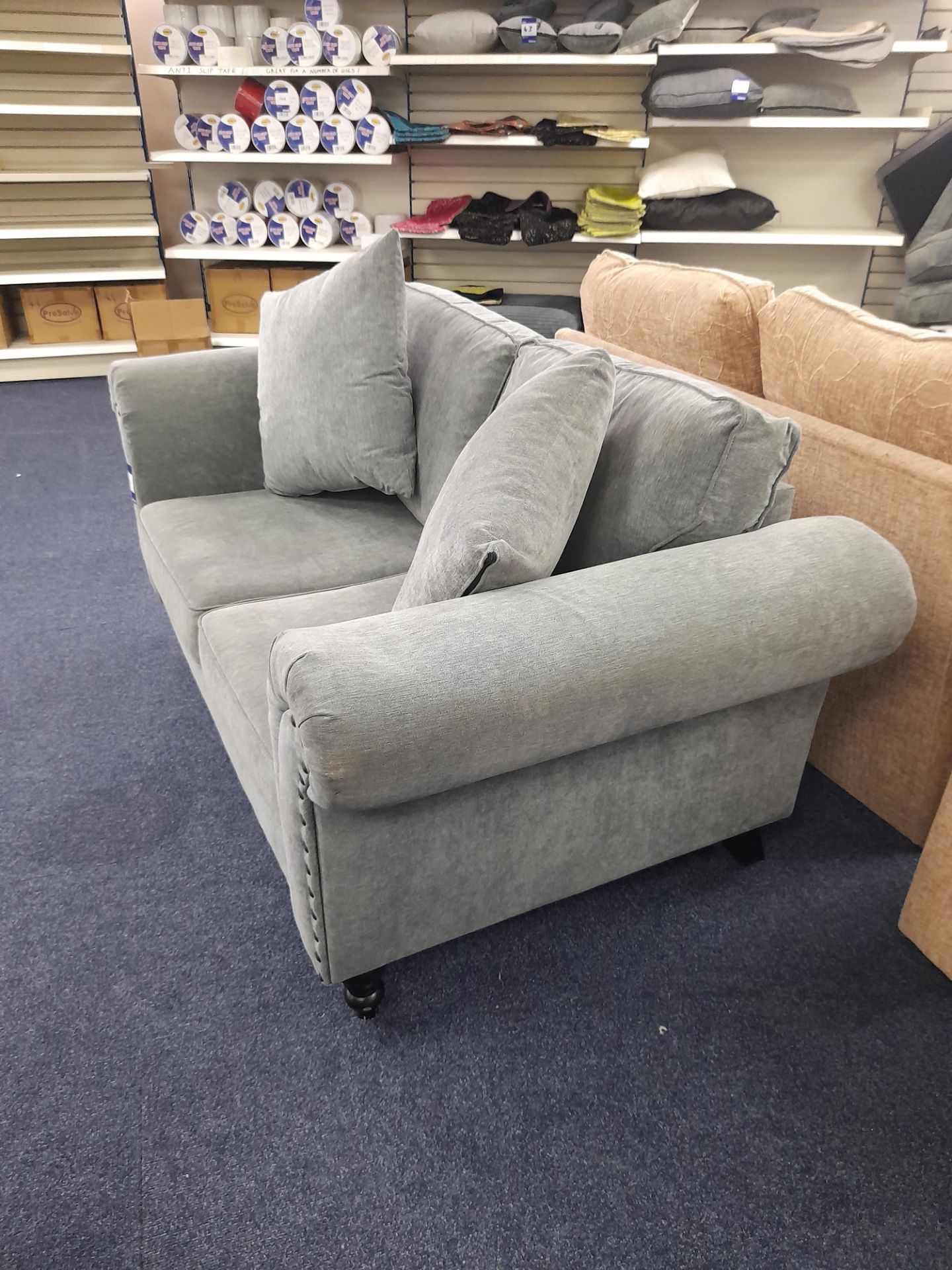 Grey fabric upholstered, 2 seater, standard cushioned back sofa (Return - Damage to arm) - Image 3 of 4