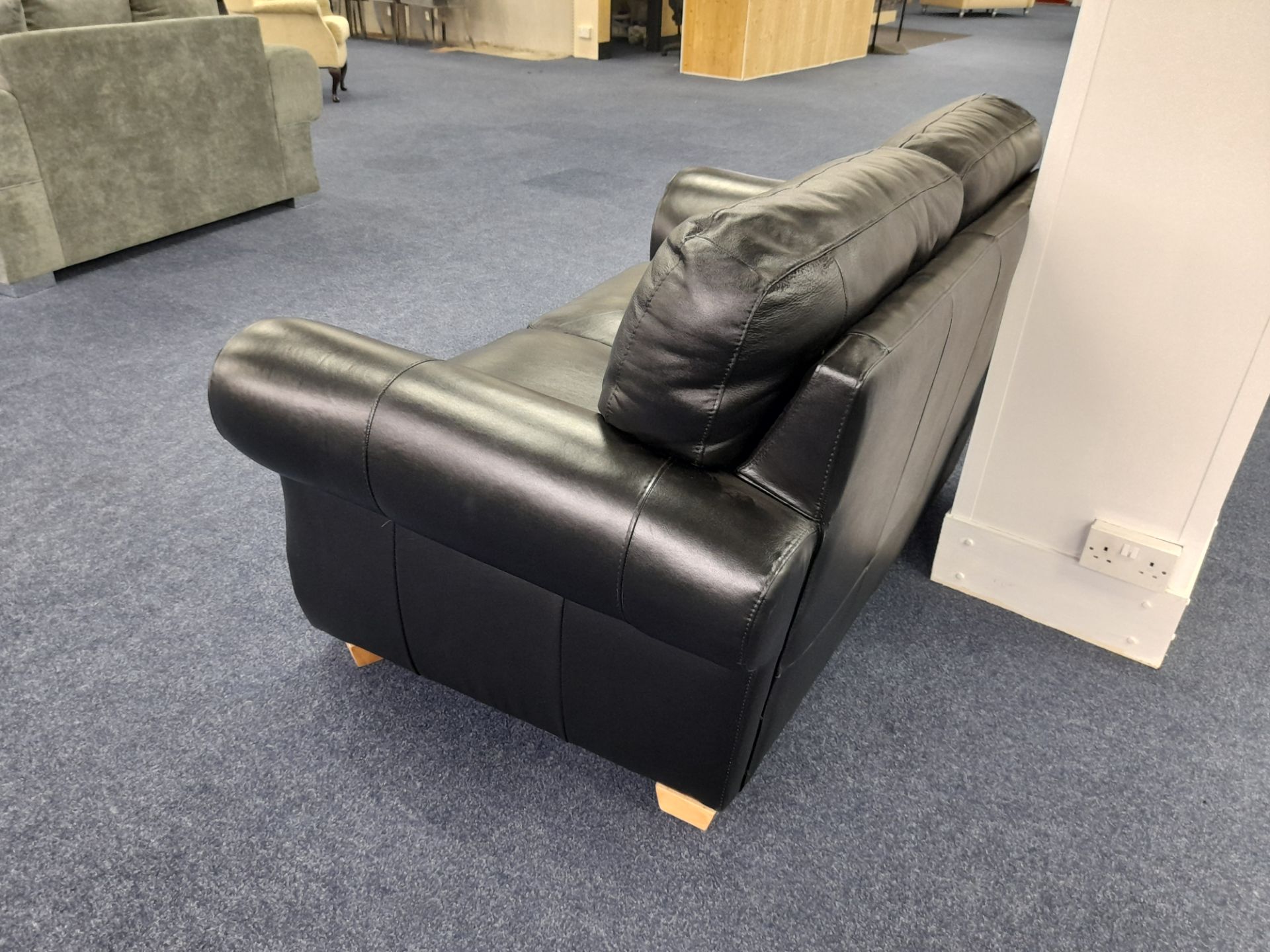 Black leather upholstered, 2 seater, standard cushioned back sofa (Ex-Display) - Image 3 of 5