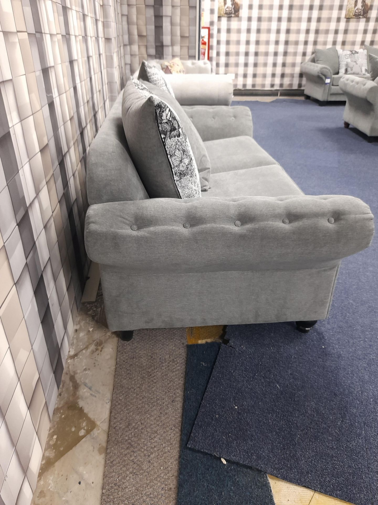 Grey fabric upholstered, 3 seater, scatter cushioned back sofa (Ex-Display) - Image 3 of 4