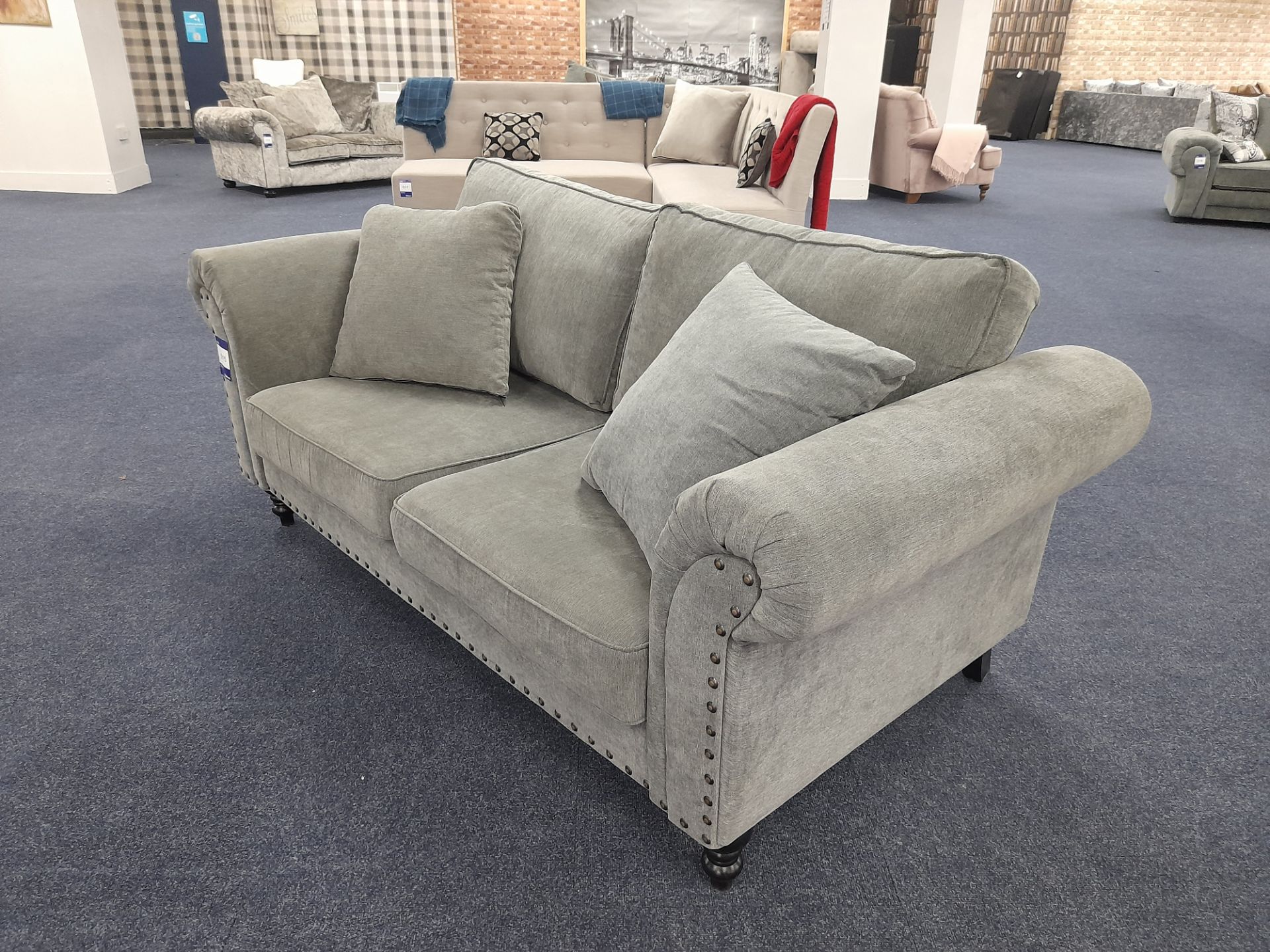 Grey fabric upholstered, 3 seater, standard cushioned back sofa (Ex-Display) - Image 6 of 6