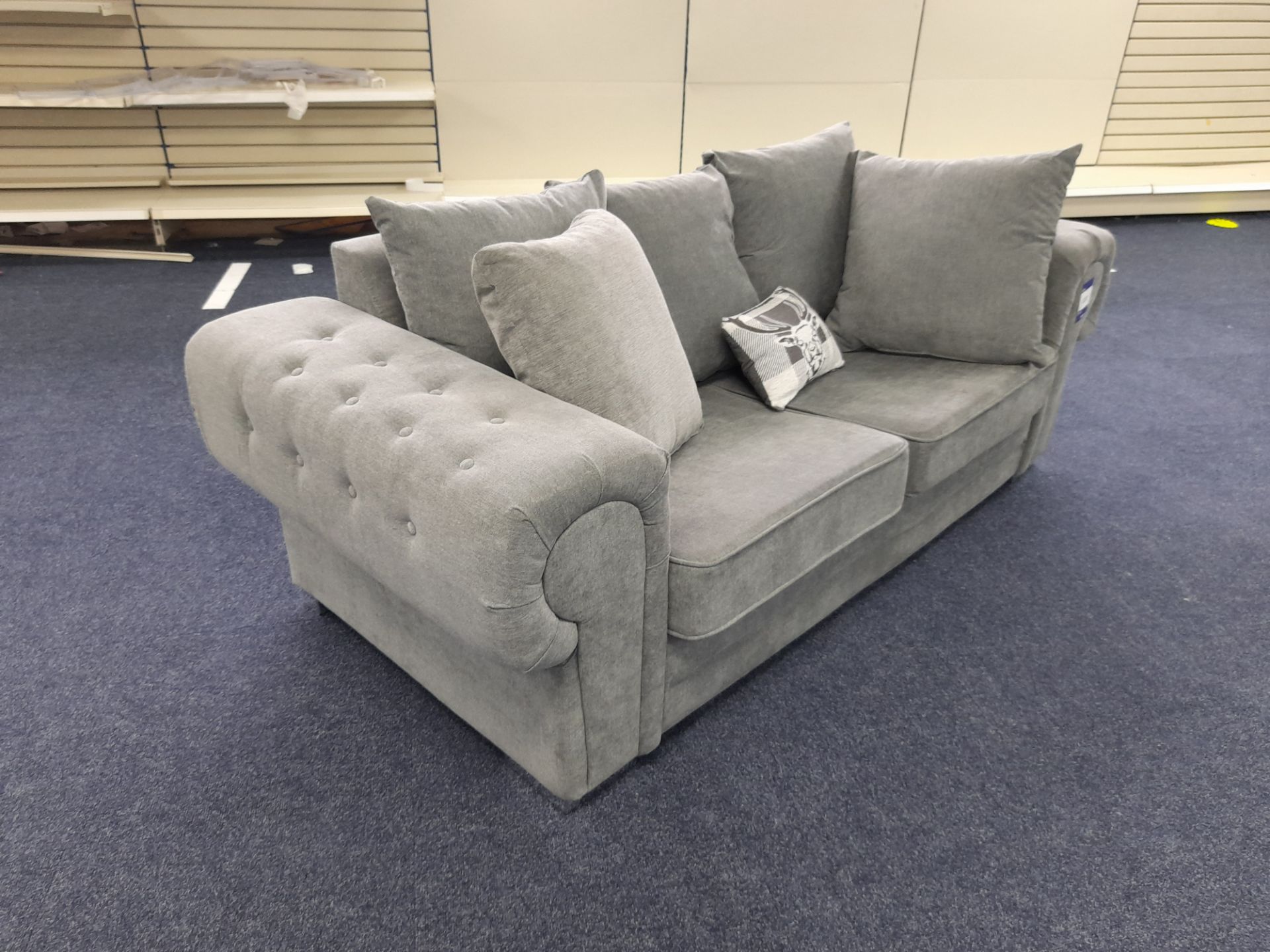 Grey fabric upholstered, 3 seater, scatter cushioned back sofa (Ex-Display) - Image 6 of 6