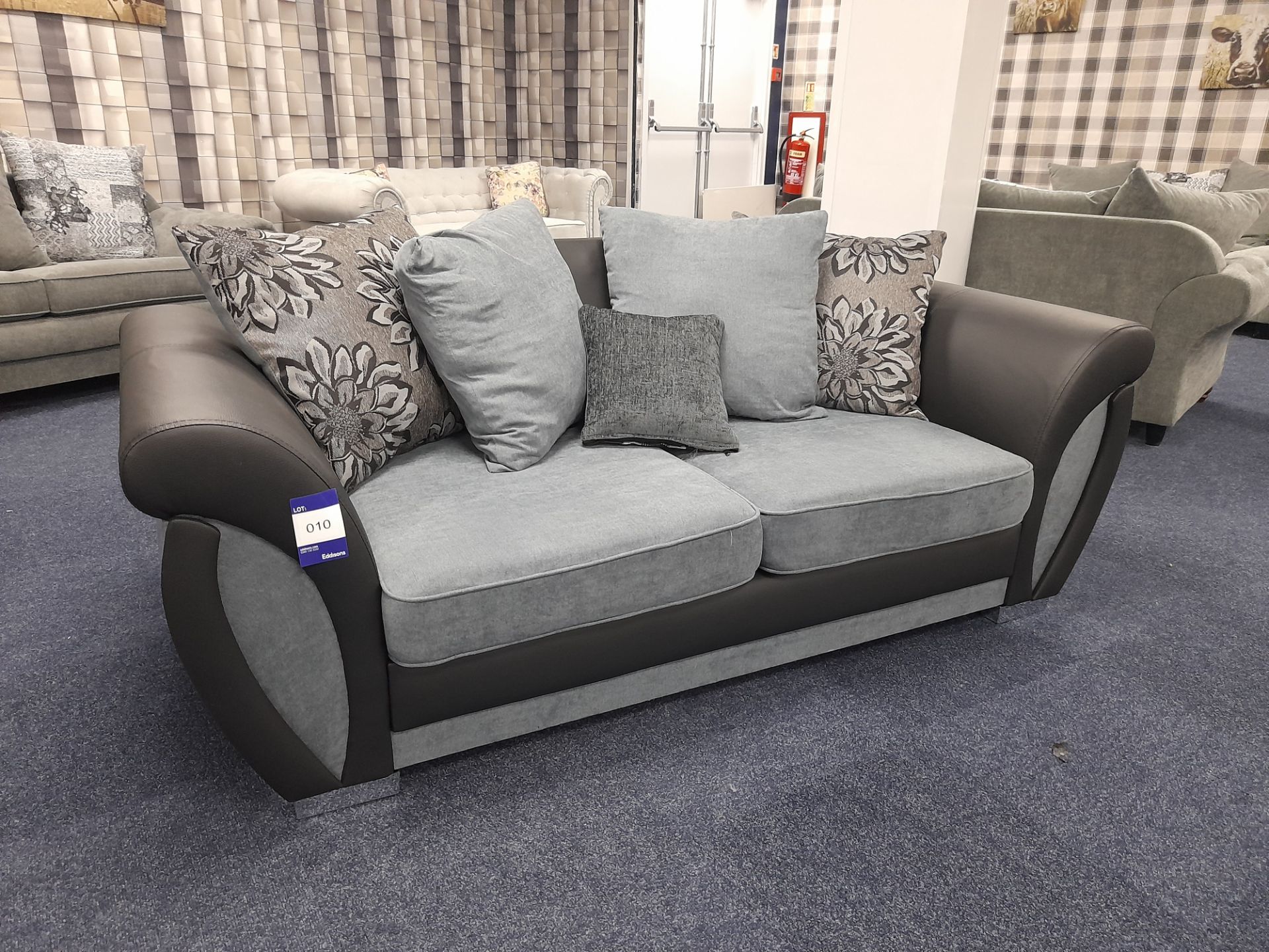 Black Leather/ blue-grey fabric upholstered, 3 seater, scatter cushioned back sofa (Ex-Display) - Image 2 of 7