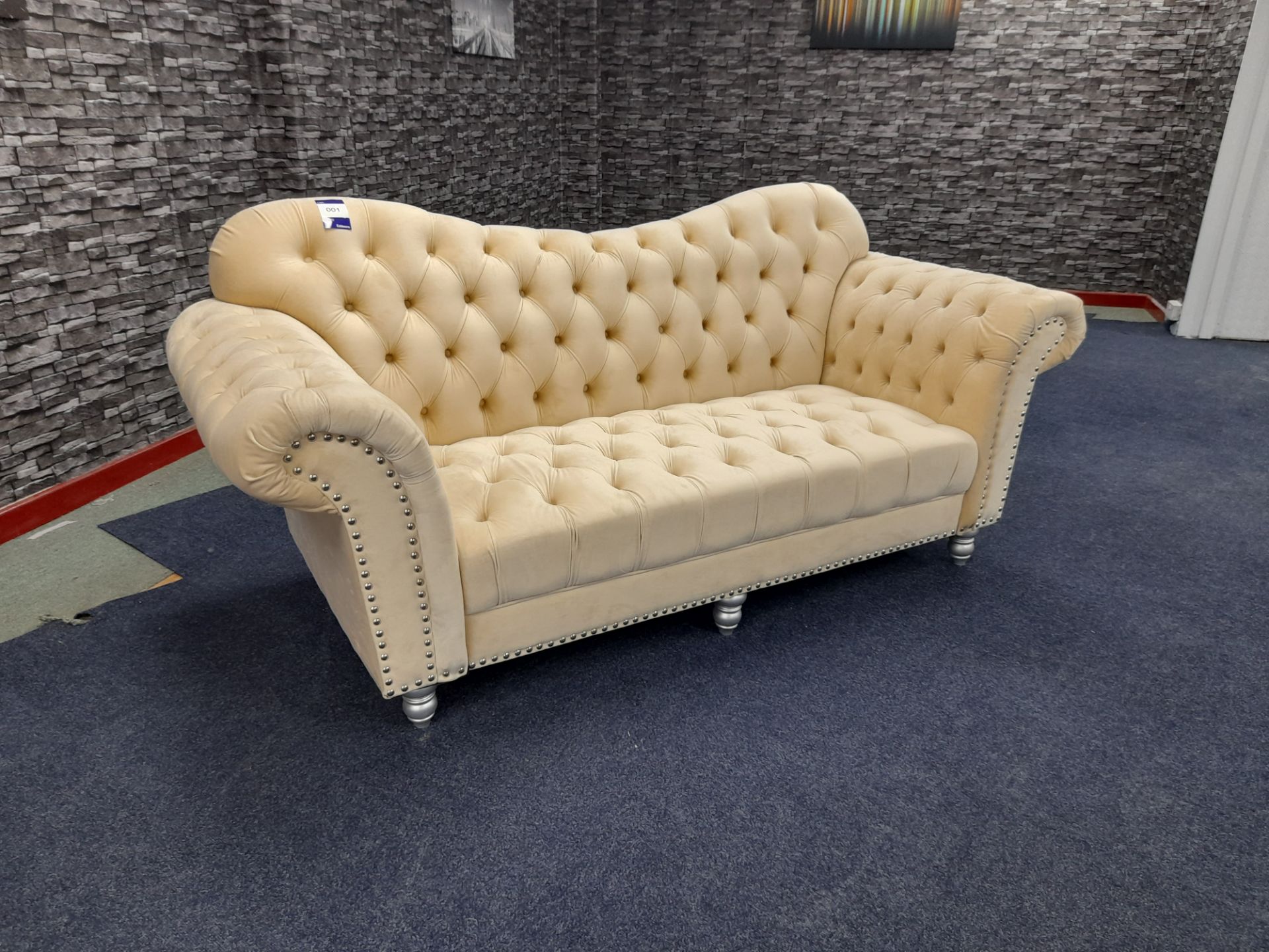 Cream fabric upholstered, 3 seater, chesterfield type sofa (Ex-Display) - Image 2 of 7