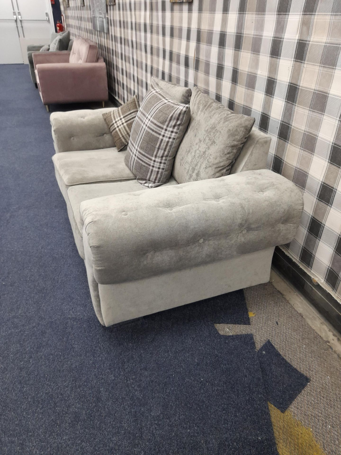 Grey fabric upholstered, 2 seater, scatter cushioned back sofa (Ex-Display) - Image 3 of 4
