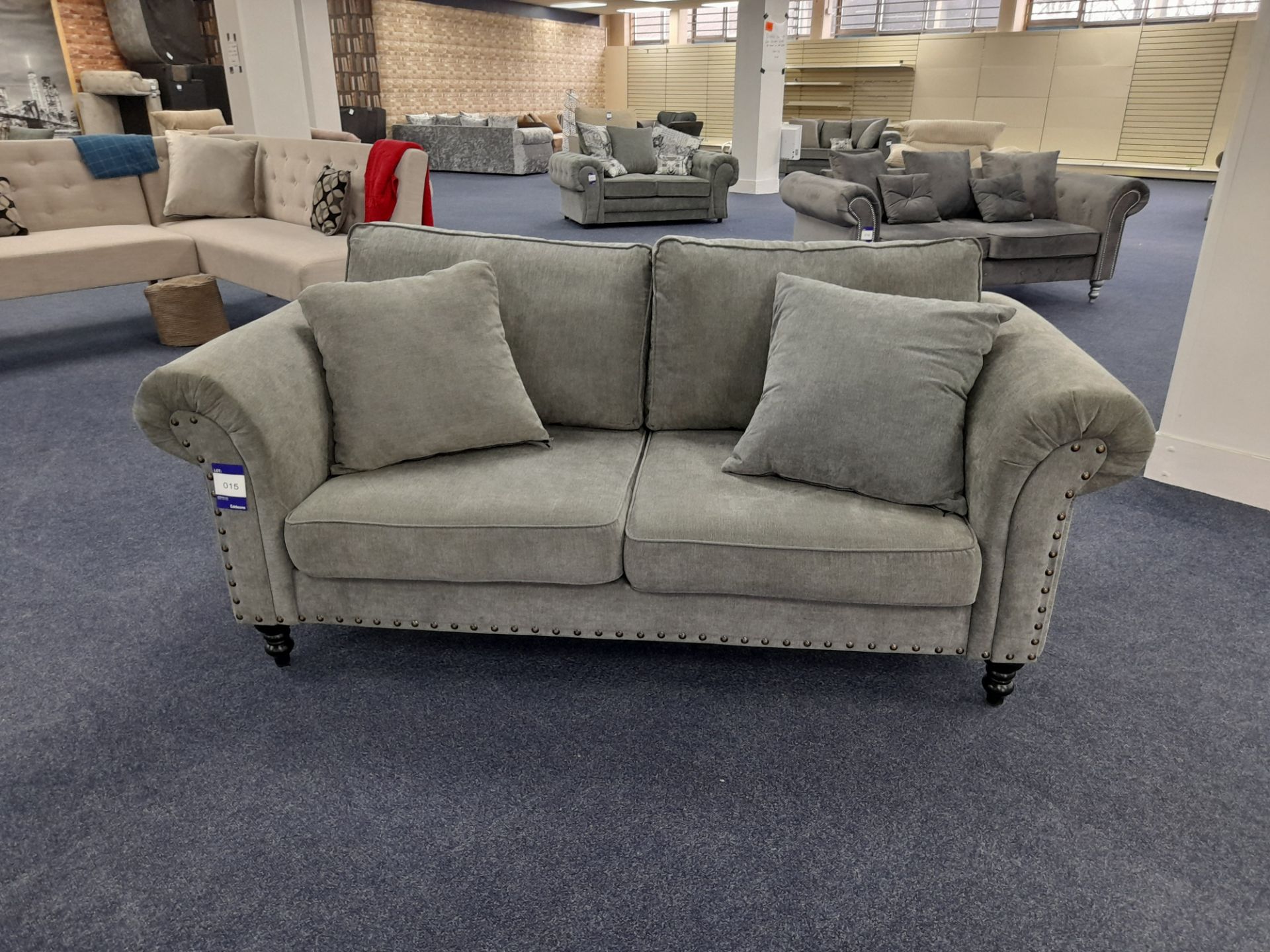 Grey fabric upholstered, 3 seater, standard cushioned back sofa (Ex-Display) - Image 3 of 6