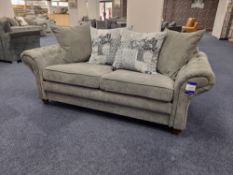 Grey fabric upholstered, 3 seater, scatter cushioned back sofa (Unused)