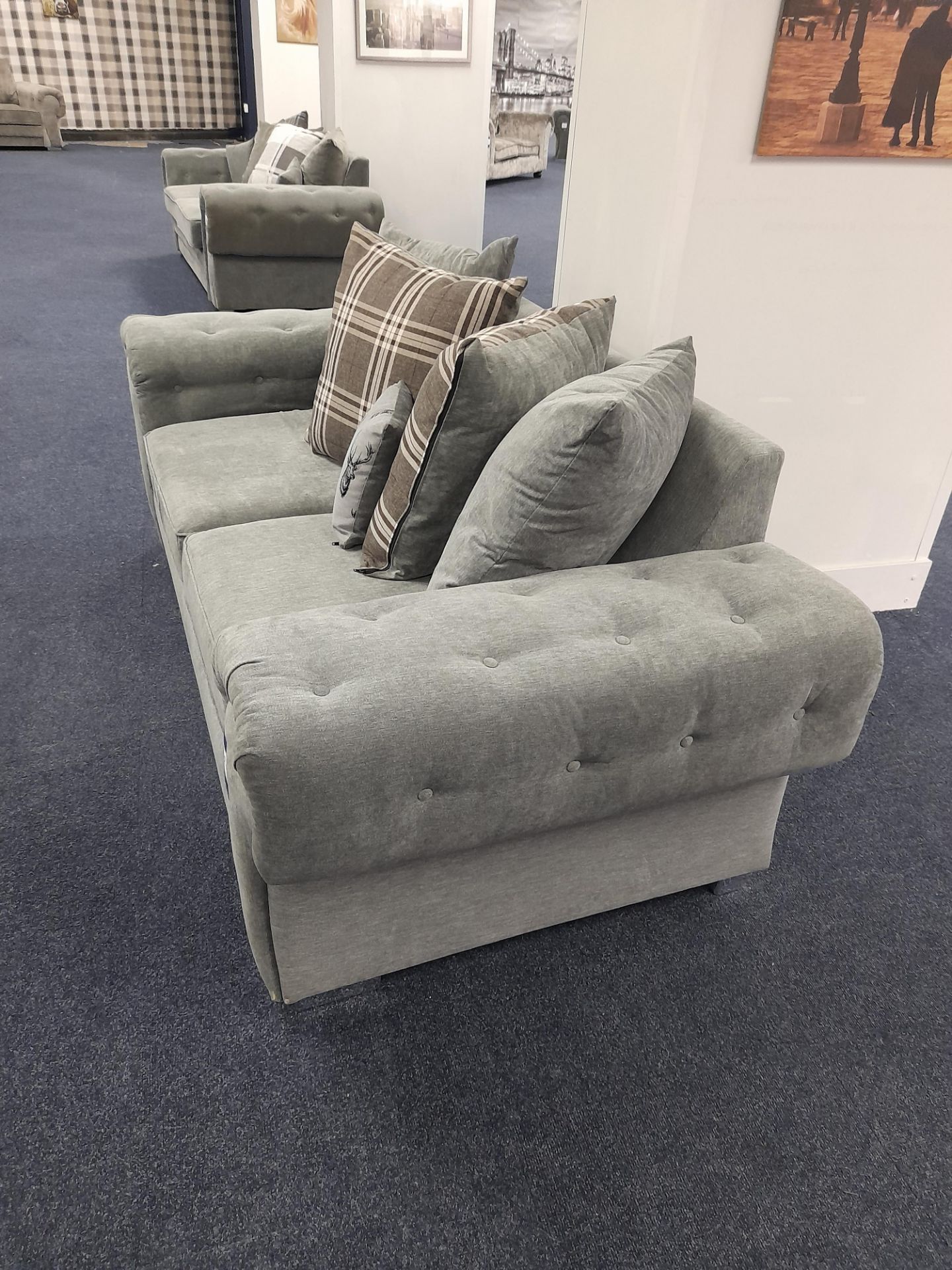 Grey fabric upholstered, 2 seater, scatter cushioned back sofa (Ex-Display) - Image 3 of 5