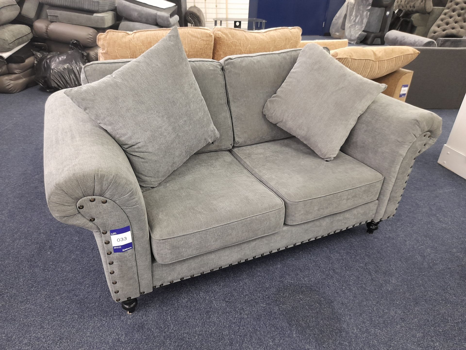 Grey fabric upholstered, 2 seater, standard cushioned back sofa (Return - Damage to arm)