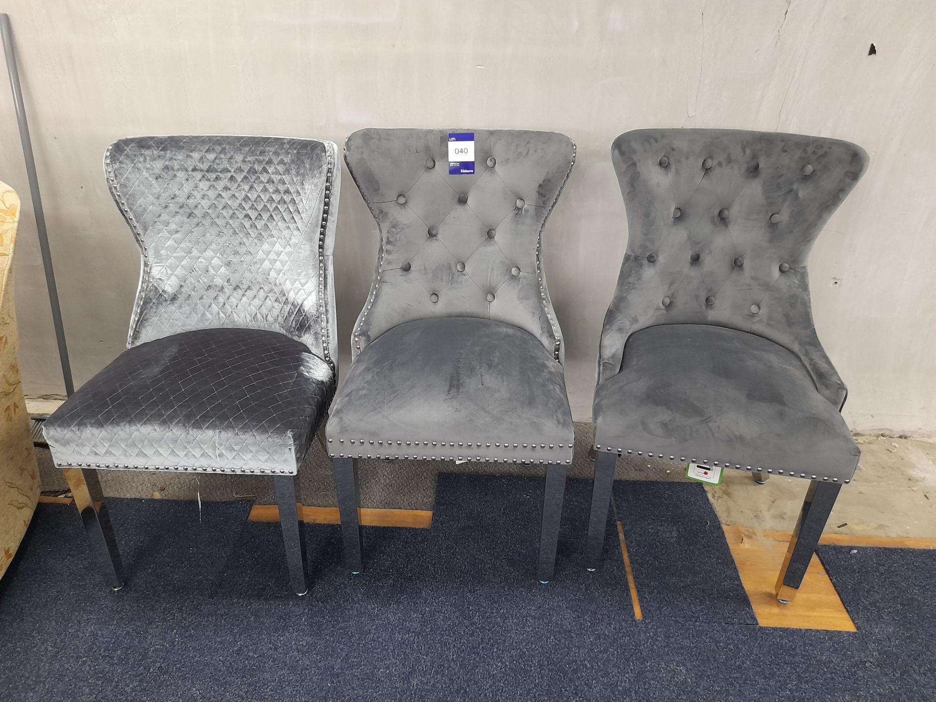 3 – Assorted grey fabric upholstered occasional chairs, with mirrored legs (Sample Stock – Unused)