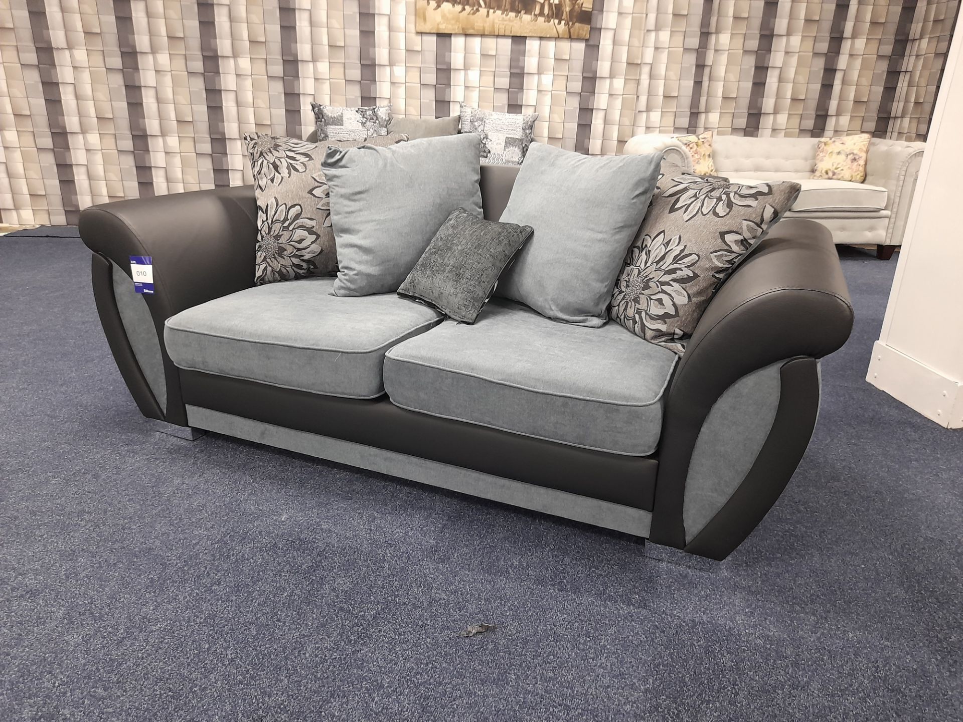 Black Leather/ blue-grey fabric upholstered, 3 seater, scatter cushioned back sofa (Ex-Display) - Image 4 of 7