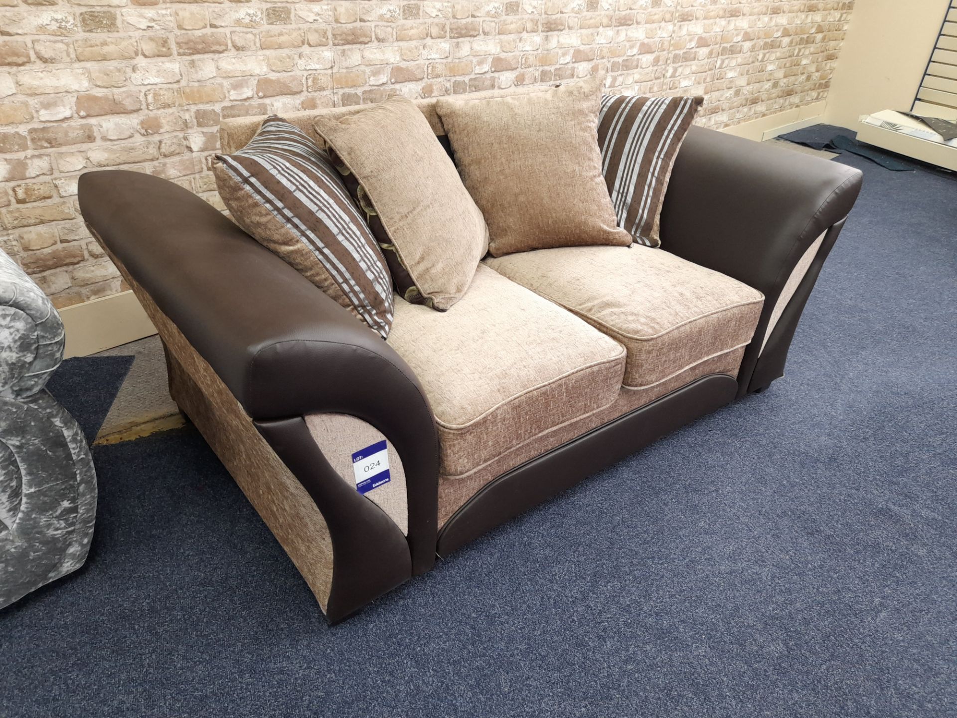 Brown Leather/light brown fabric upholstered, 2 seater, scatter cushioned back sofa (Ex-Display) - Image 4 of 5