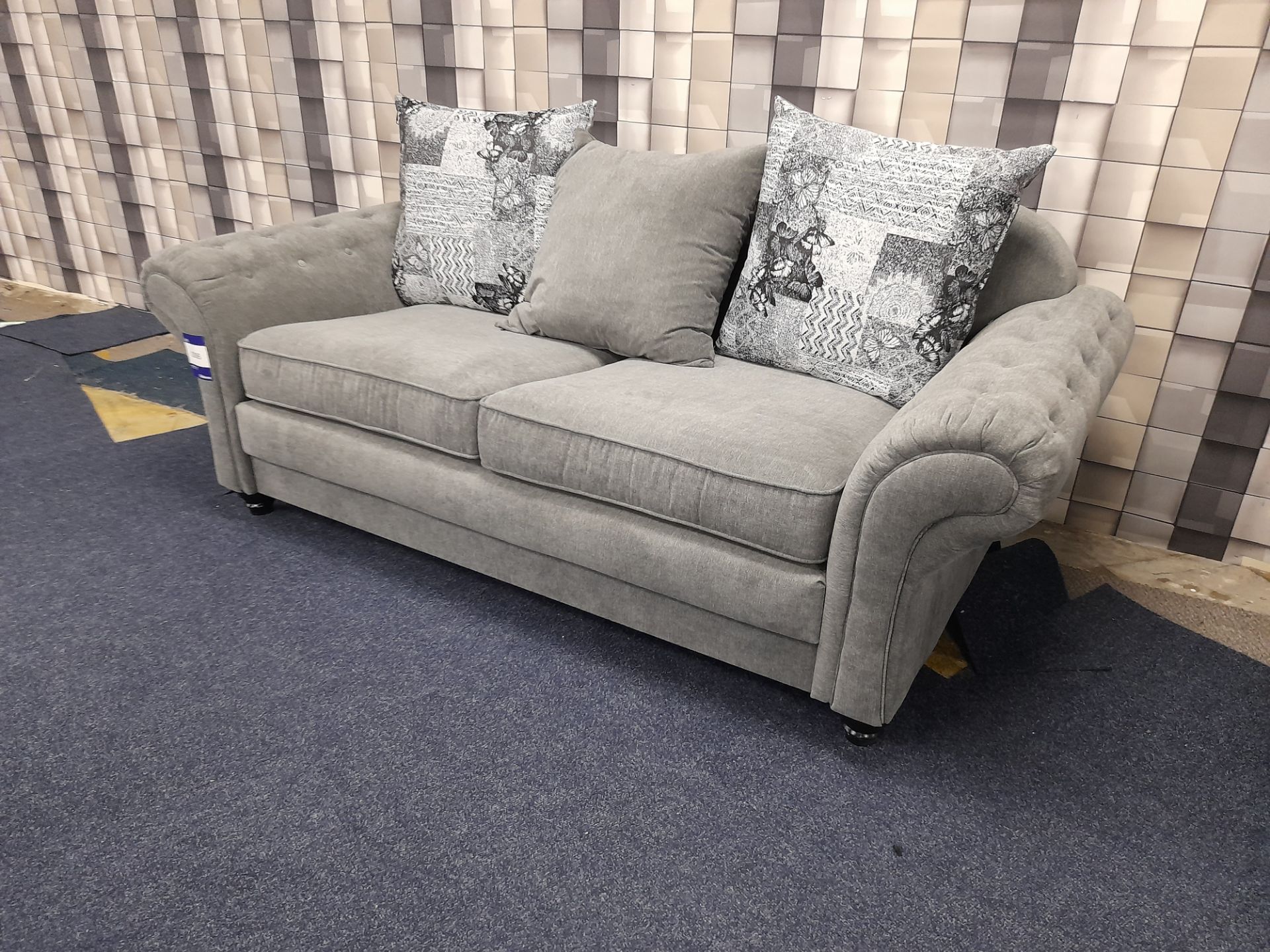 Grey fabric upholstered, 3 seater, scatter cushioned back sofa (Ex-Display) - Image 2 of 4