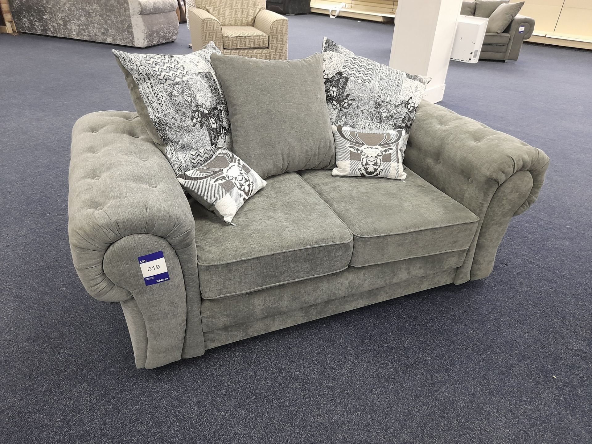 Grey fabric upholstered, 2 seater, scatter cushioned back sofa (Ex-Display)