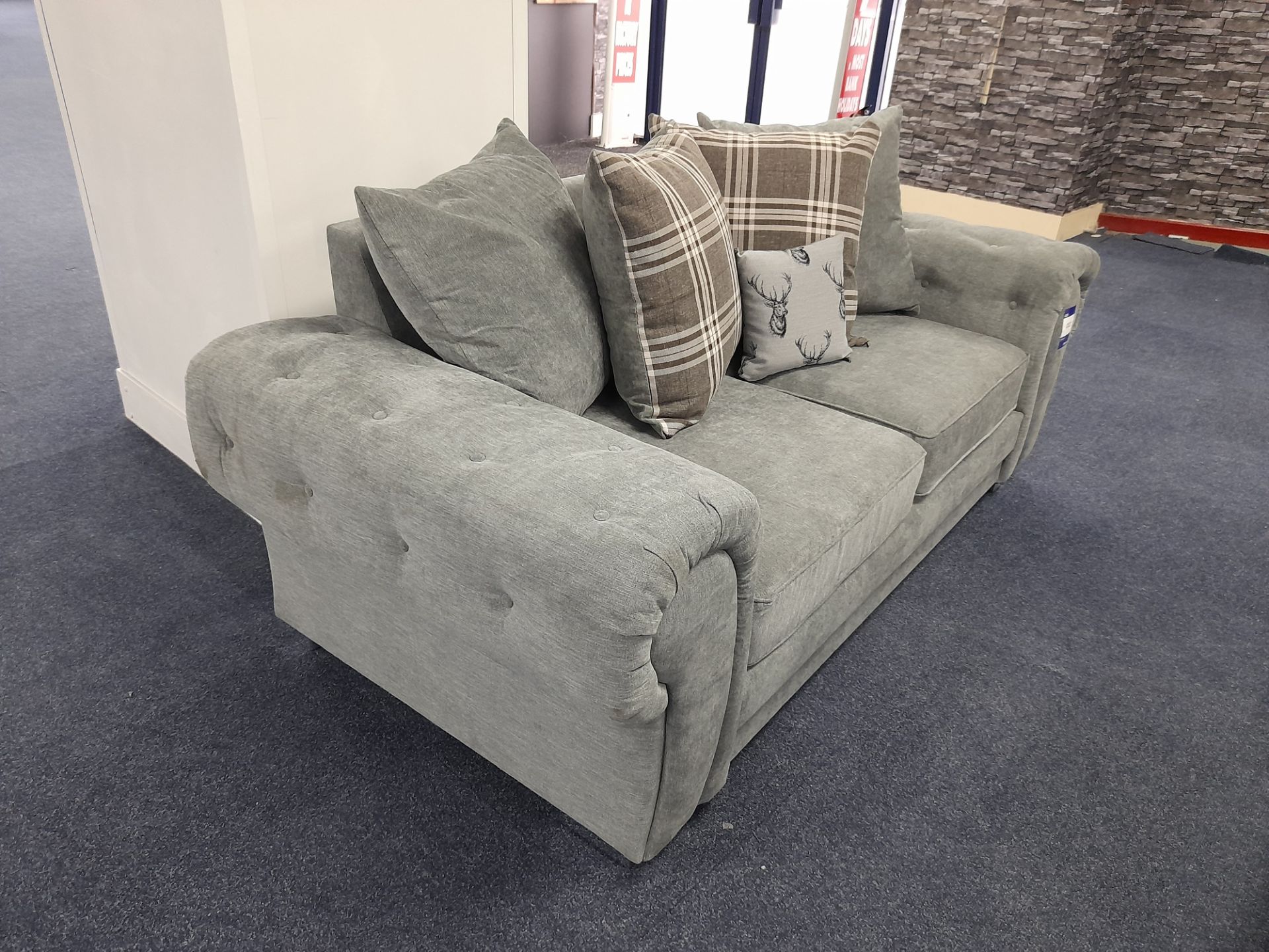 Grey fabric upholstered, 2 seater, scatter cushioned back sofa (Ex-Display) - Image 5 of 5