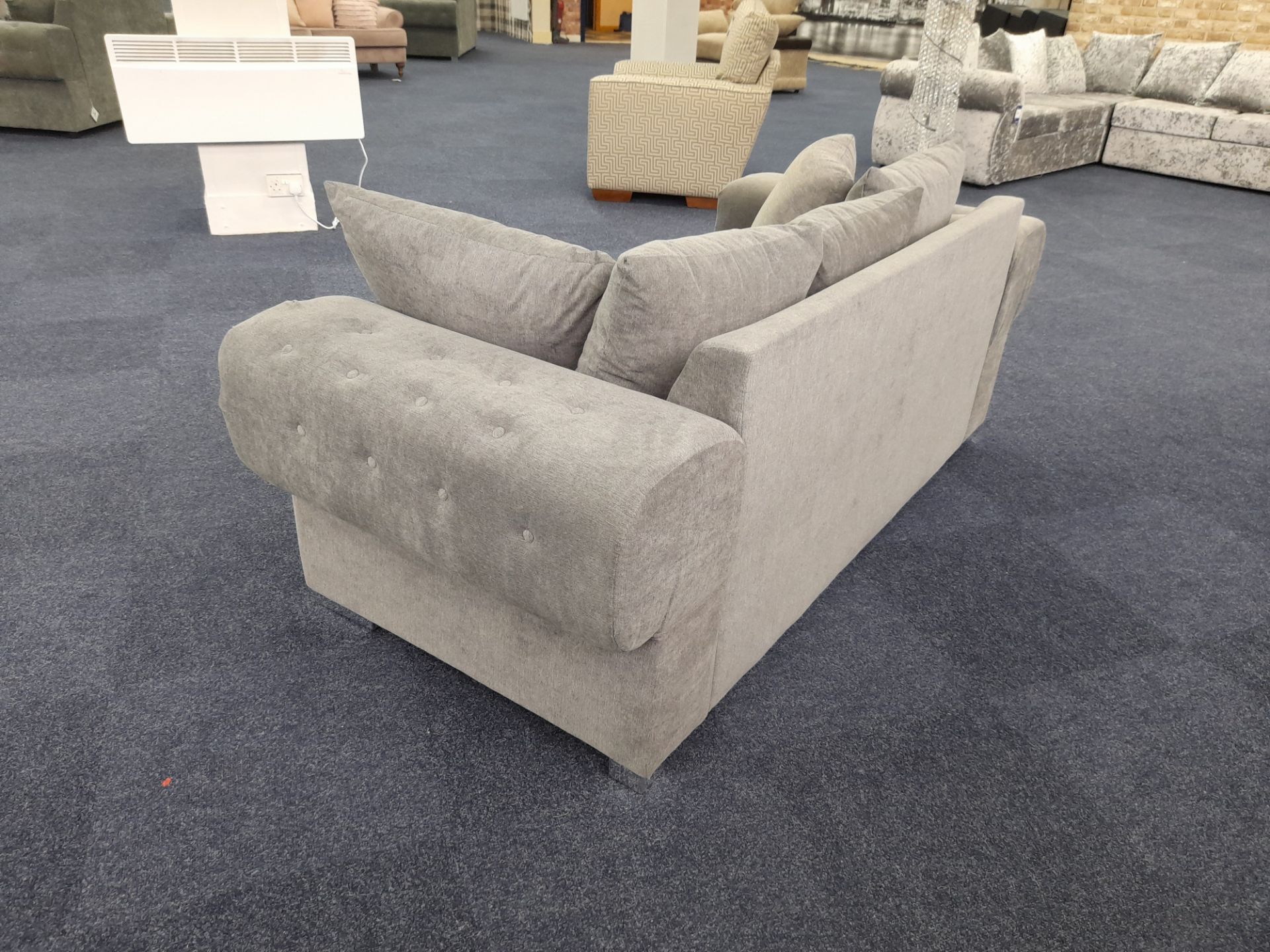 Grey fabric upholstered, 3 seater, scatter cushioned back sofa (Ex-Display) - Image 4 of 6