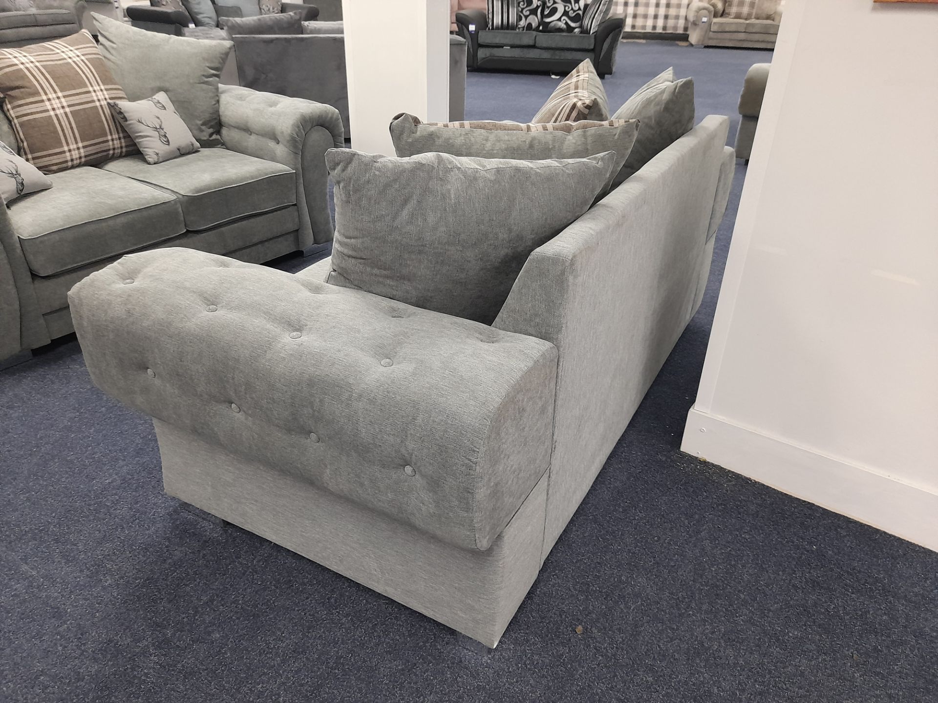 Grey fabric upholstered, 2 seater, scatter cushioned back sofa (Ex-Display) - Image 4 of 5