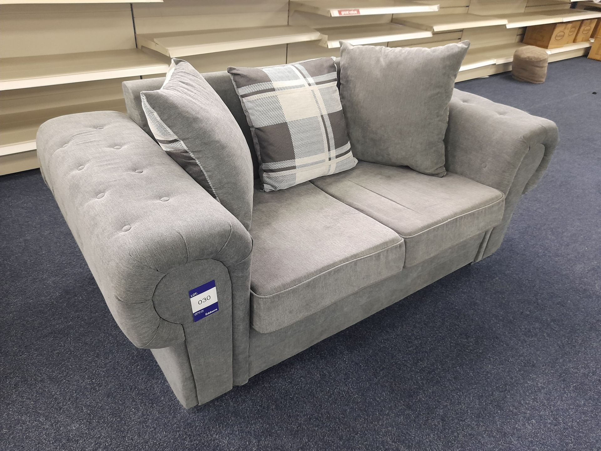 Grey fabric upholstered, 2 seater, scatter cushioned back sofa (Ex-Display) - Image 5 of 5