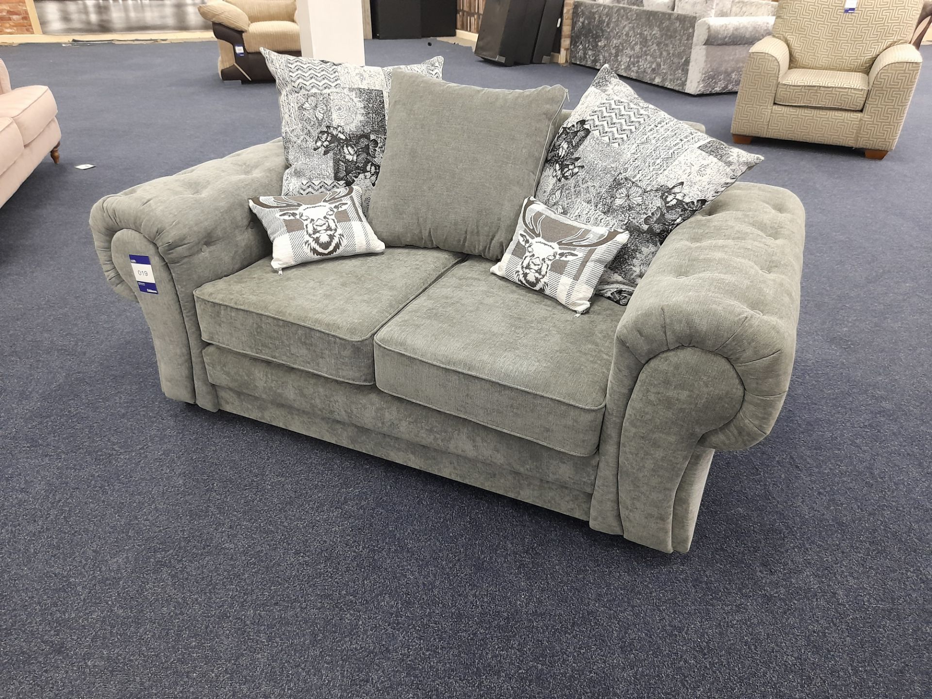 Grey fabric upholstered, 2 seater, scatter cushioned back sofa (Ex-Display) - Image 2 of 7