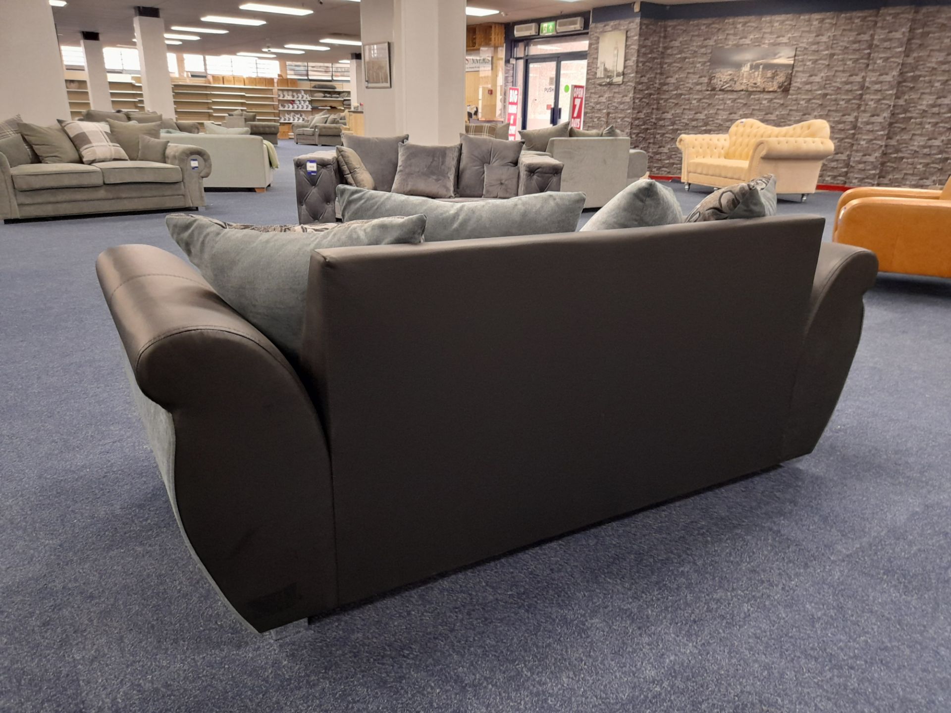 Black Leather/ blue-grey fabric upholstered, 3 seater, scatter cushioned back sofa (Ex-Display) - Image 6 of 7