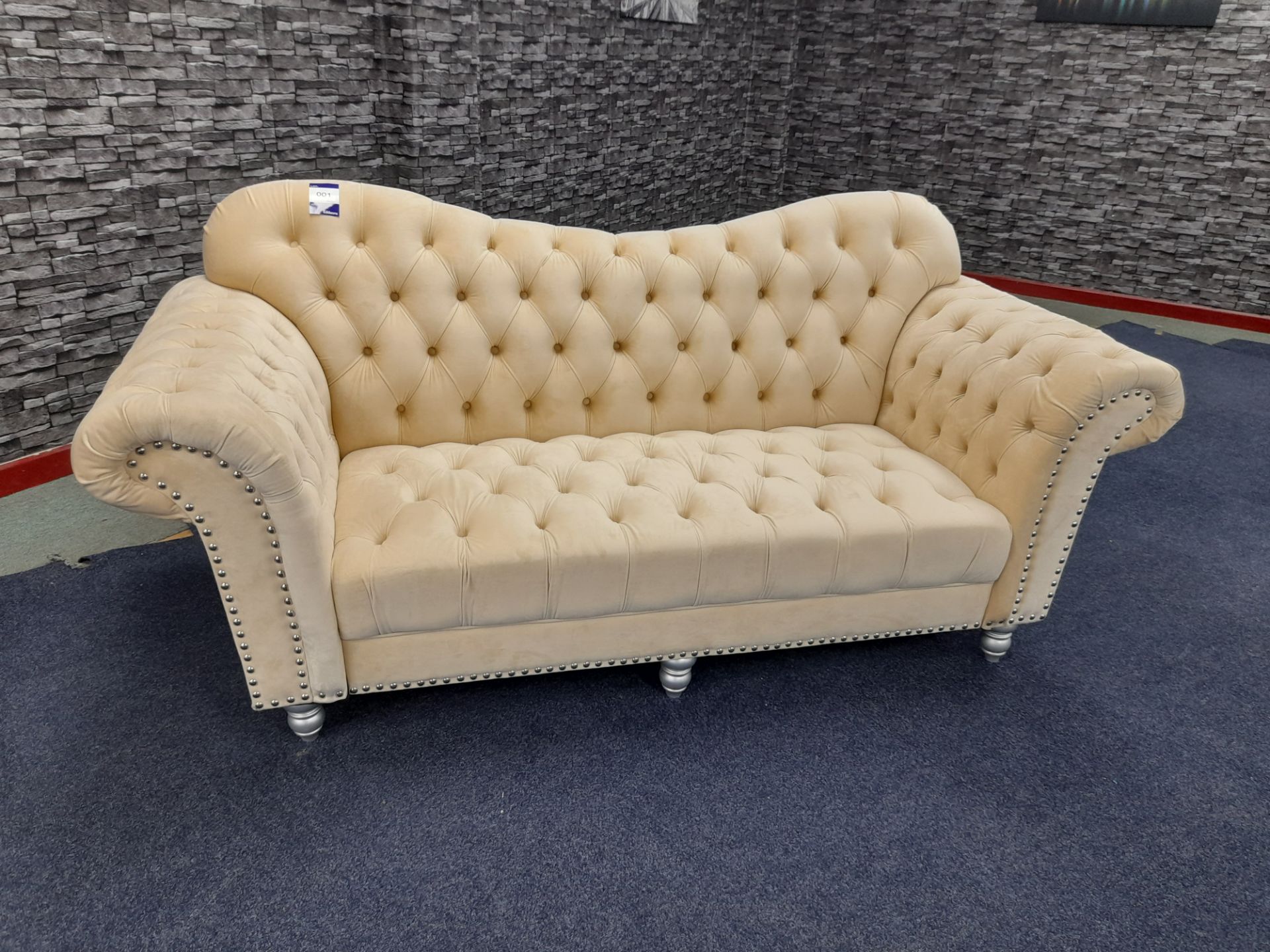 Cream fabric upholstered, 3 seater, chesterfield type sofa (Ex-Display)