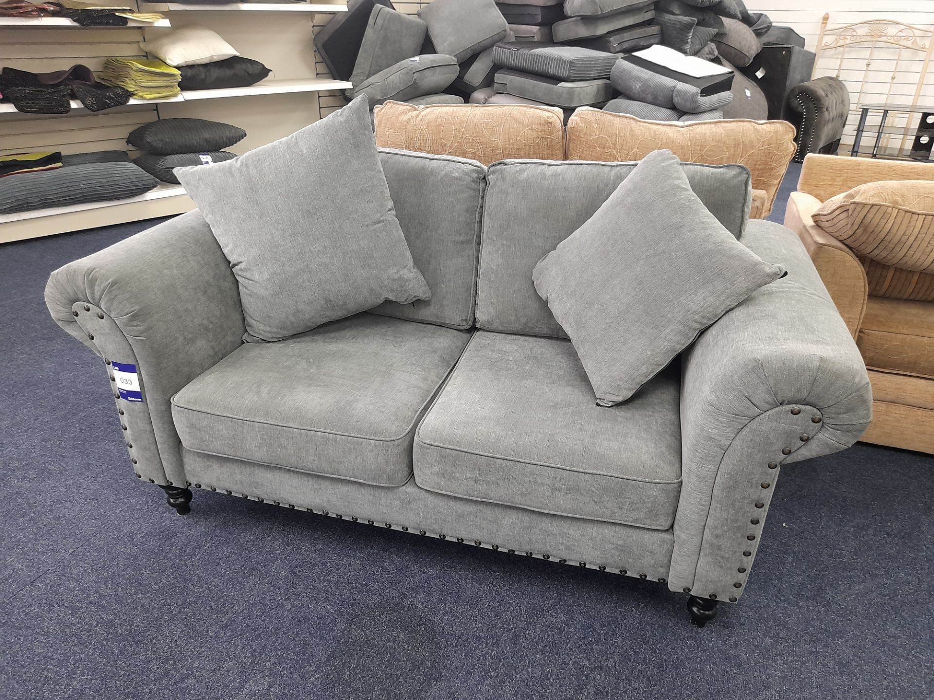 Grey fabric upholstered, 2 seater, standard cushioned back sofa (Return - Damage to arm) - Image 2 of 4