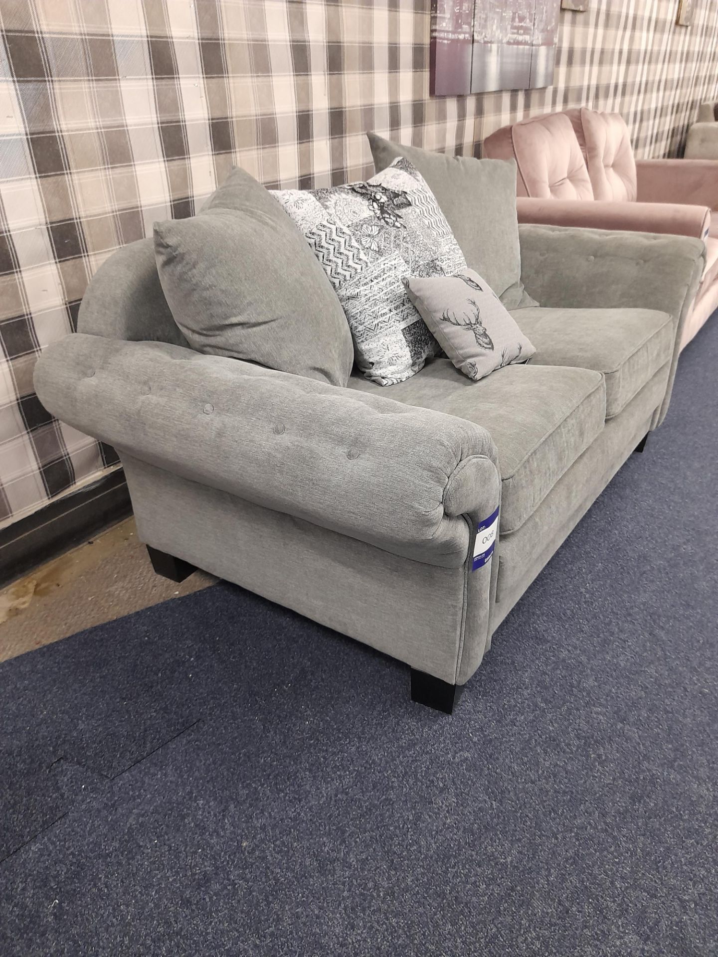 Grey fabric upholstered, 2 seater, scatter cushioned back sofa (Unused) - Image 5 of 5