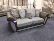 Black Leather/ blue-grey fabric upholstered, 3 seater, scatter cushioned back sofa (Ex-Display)