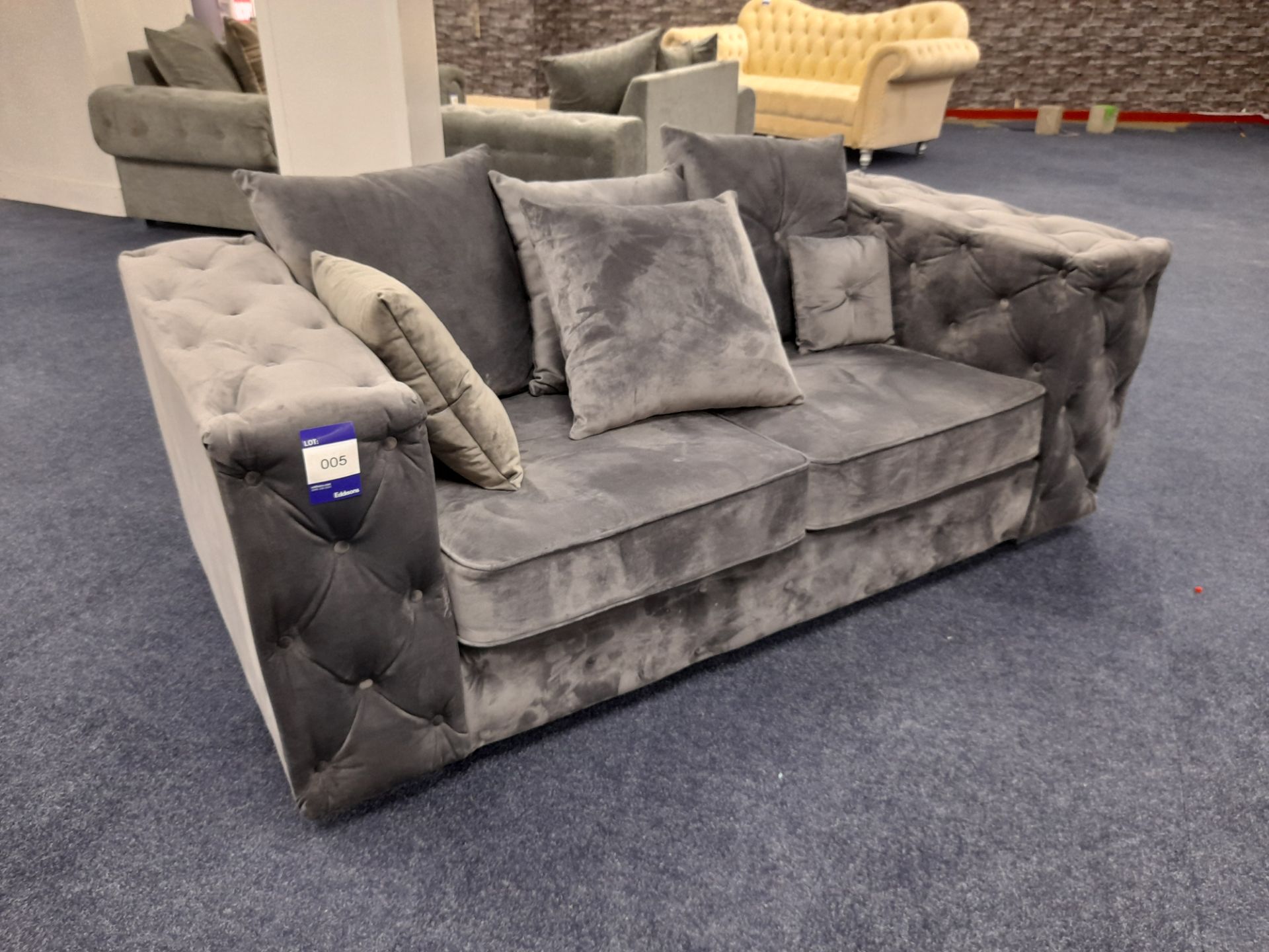 Grey fabric upholstered, 3 seater, scatter cushioned back sofa (Ex-Display)