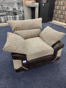 Brown Leather/light brown cord fabric upholstered, standard cushioned back armchair/cuddle chair (
