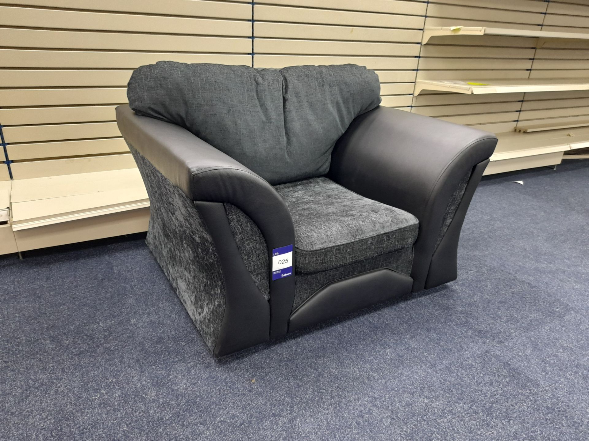 Black Leather/dark grey fabric upholstered, standard cushioned back armchair (Ex-Display) - Image 2 of 5