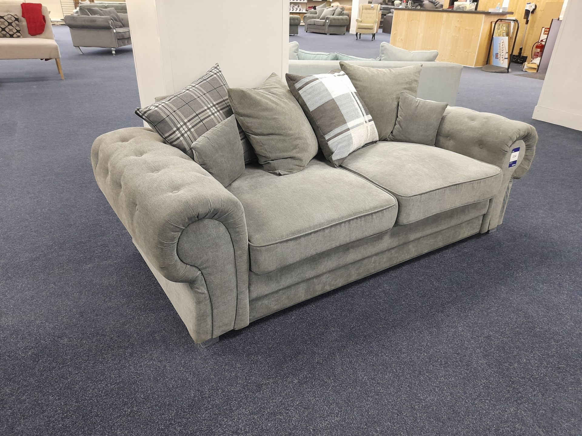 Grey fabric upholstered, 3 seater, scatter cushioned back sofa (Ex-Display) - Image 2 of 4