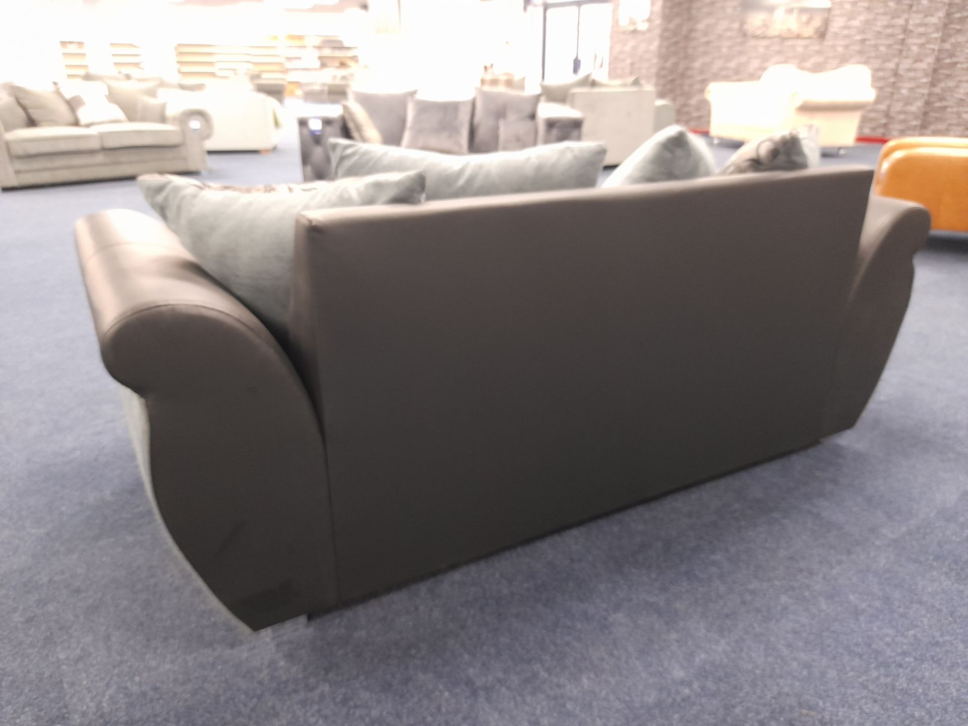 Black Leather/ blue-grey fabric upholstered, 3 seater, scatter cushioned back sofa (Ex-Display) - Image 5 of 7