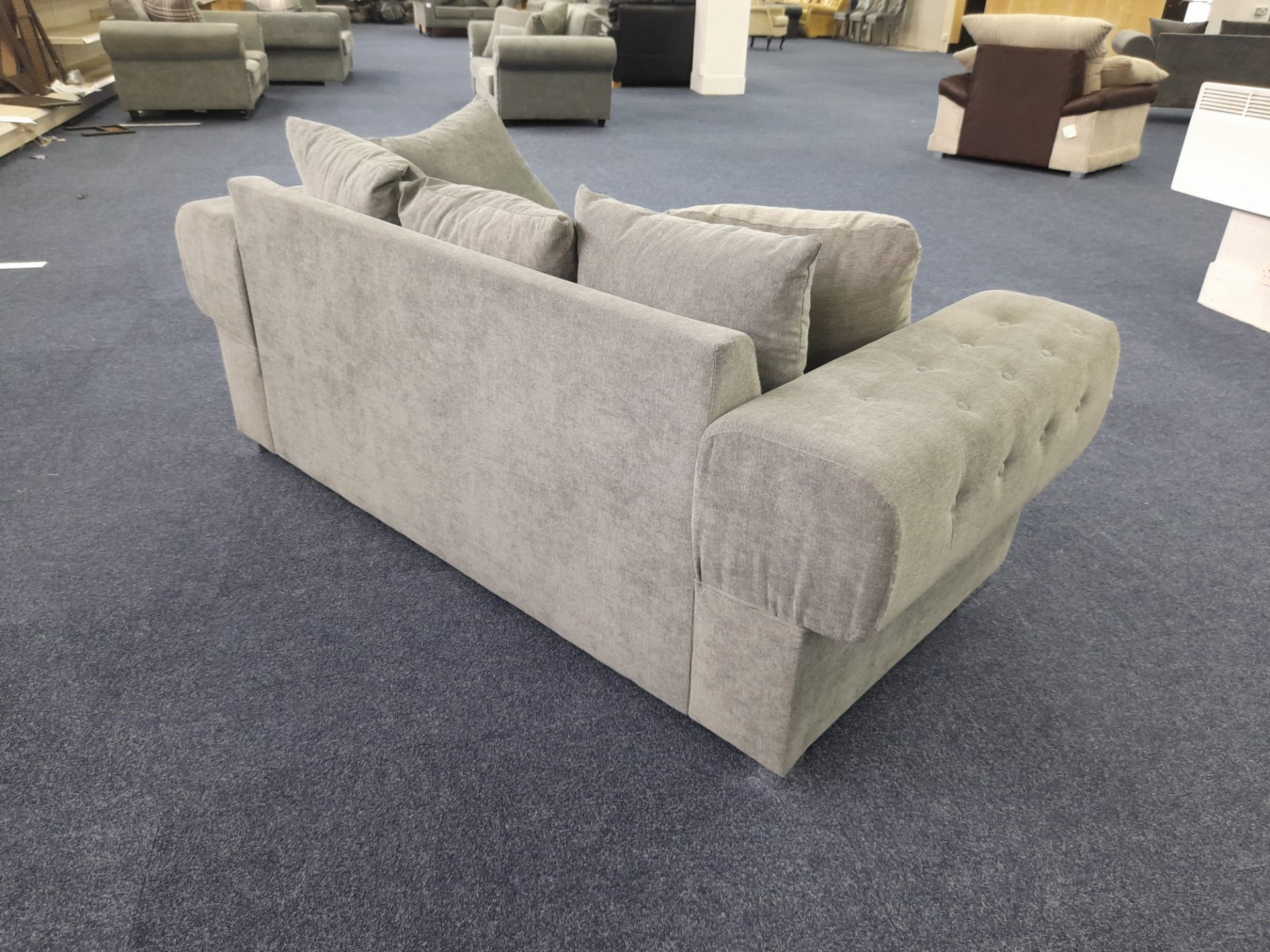 Grey fabric upholstered, 3 seater, scatter cushioned back sofa (Ex-Display) - Image 5 of 6