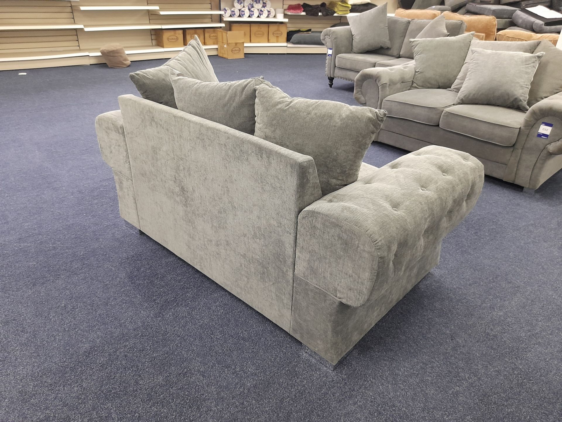 Grey fabric upholstered, 2 seater, scatter cushioned back sofa (Ex-Display) - Image 4 of 4