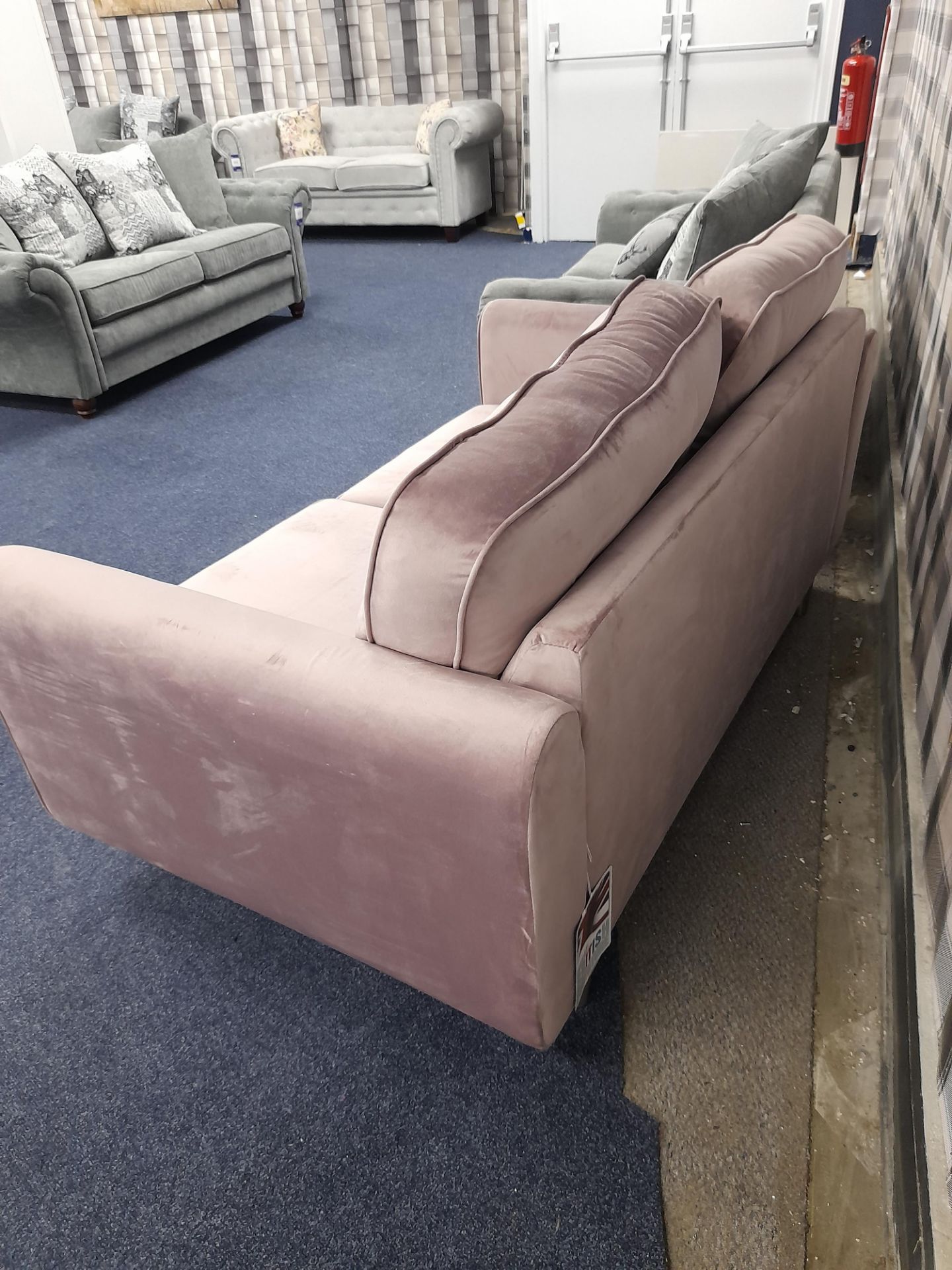 Pink fabric upholstered, 2 seater, standard cushioned back sofa (Return – delivery damage) - Image 4 of 5