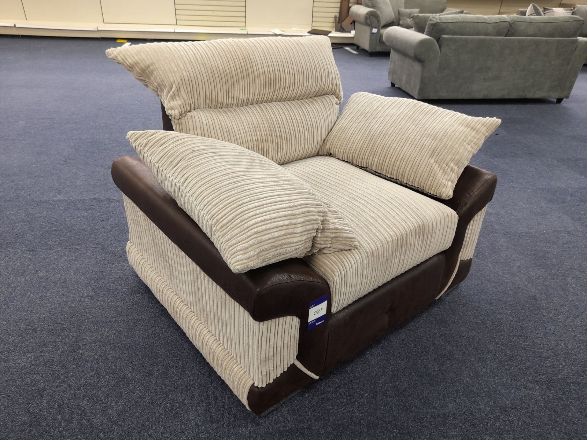 Brown Leather/cream cord fabric upholstered, standard cushioned back armchair/cuddle chair (Ex- - Image 6 of 6