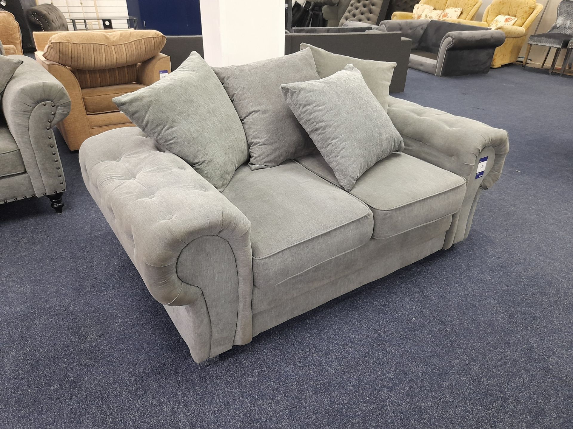 Grey fabric upholstered, 2 seater, scatter cushioned back sofa (Return - Damage to arm) - Image 3 of 6