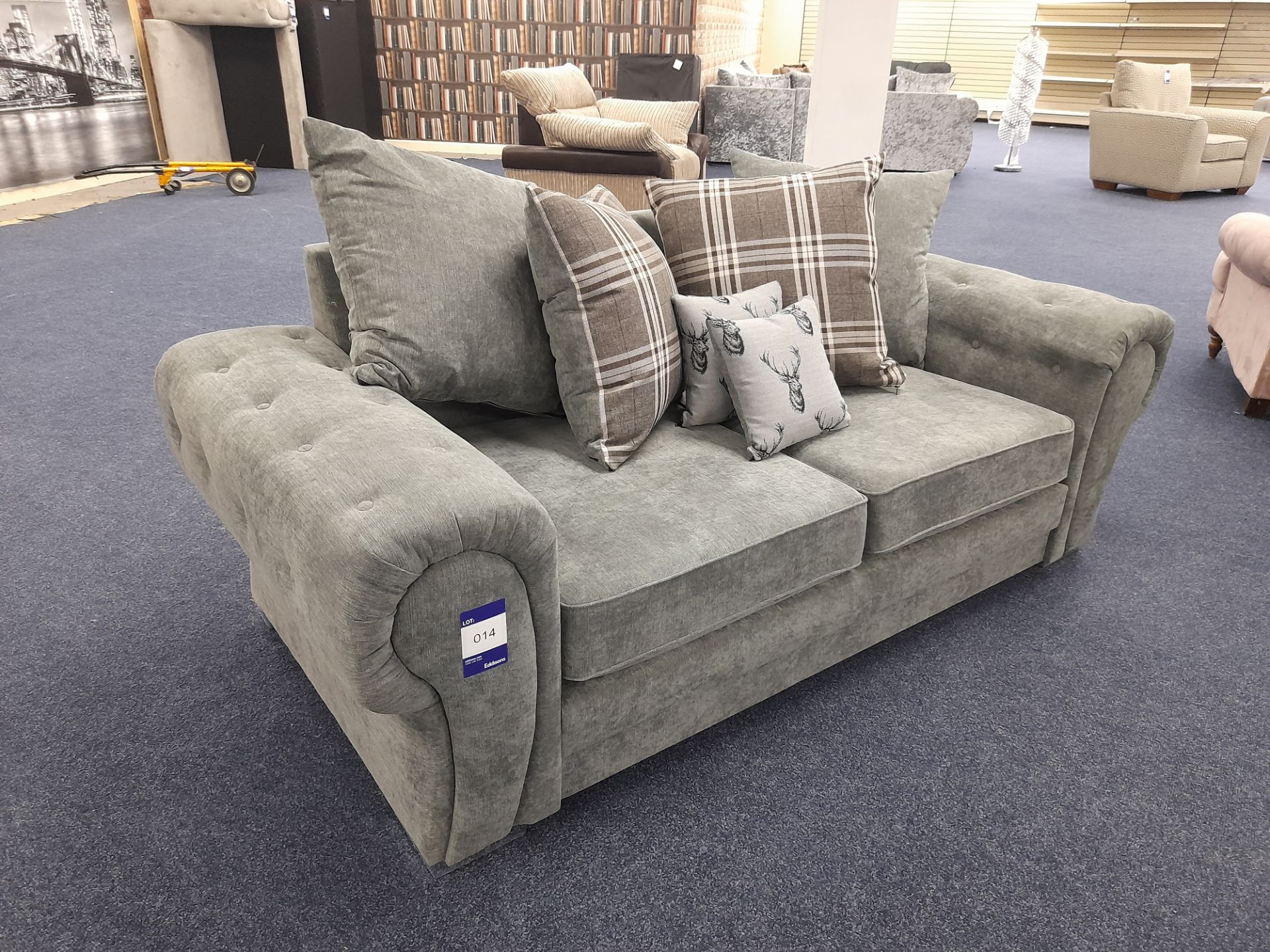 Grey/Blue fabric upholstered, 3 seater, scatter cushioned back sofa (Ex-Display) - Image 5 of 5