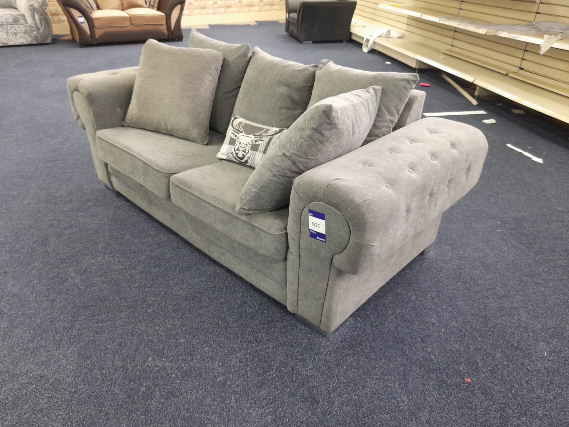 Grey fabric upholstered, 3 seater, scatter cushioned back sofa (Ex-Display) - Image 3 of 6