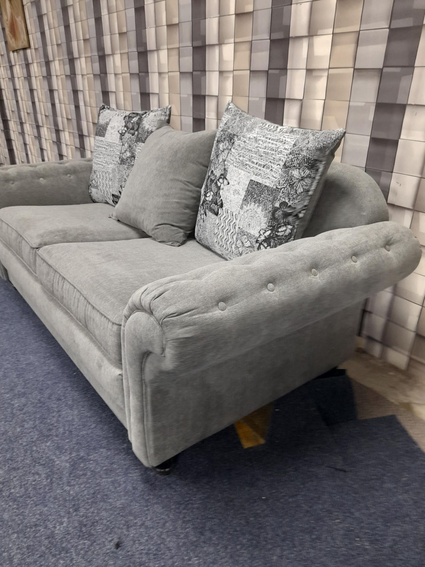 Grey fabric upholstered, 3 seater, scatter cushioned back sofa (Ex-Display) - Image 4 of 4