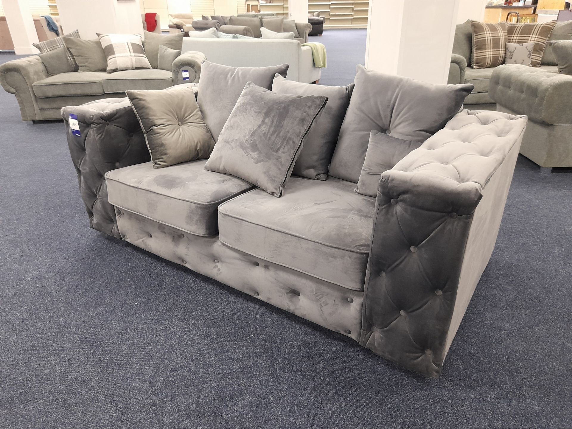 Grey fabric upholstered, 3 seater, scatter cushioned back sofa (Ex-Display) - Image 2 of 6