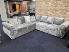 Silver/Grey fabric upholstered, 5 seater, scatter cushioned back corner sofa (Ex-Display)