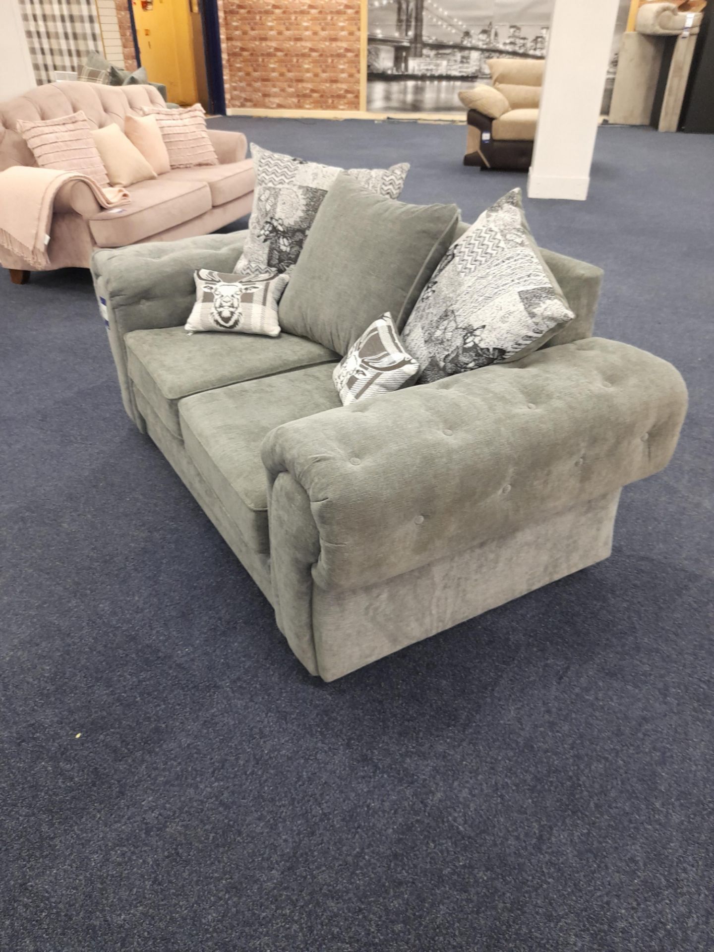 Grey fabric upholstered, 2 seater, scatter cushioned back sofa (Ex-Display) - Image 3 of 7