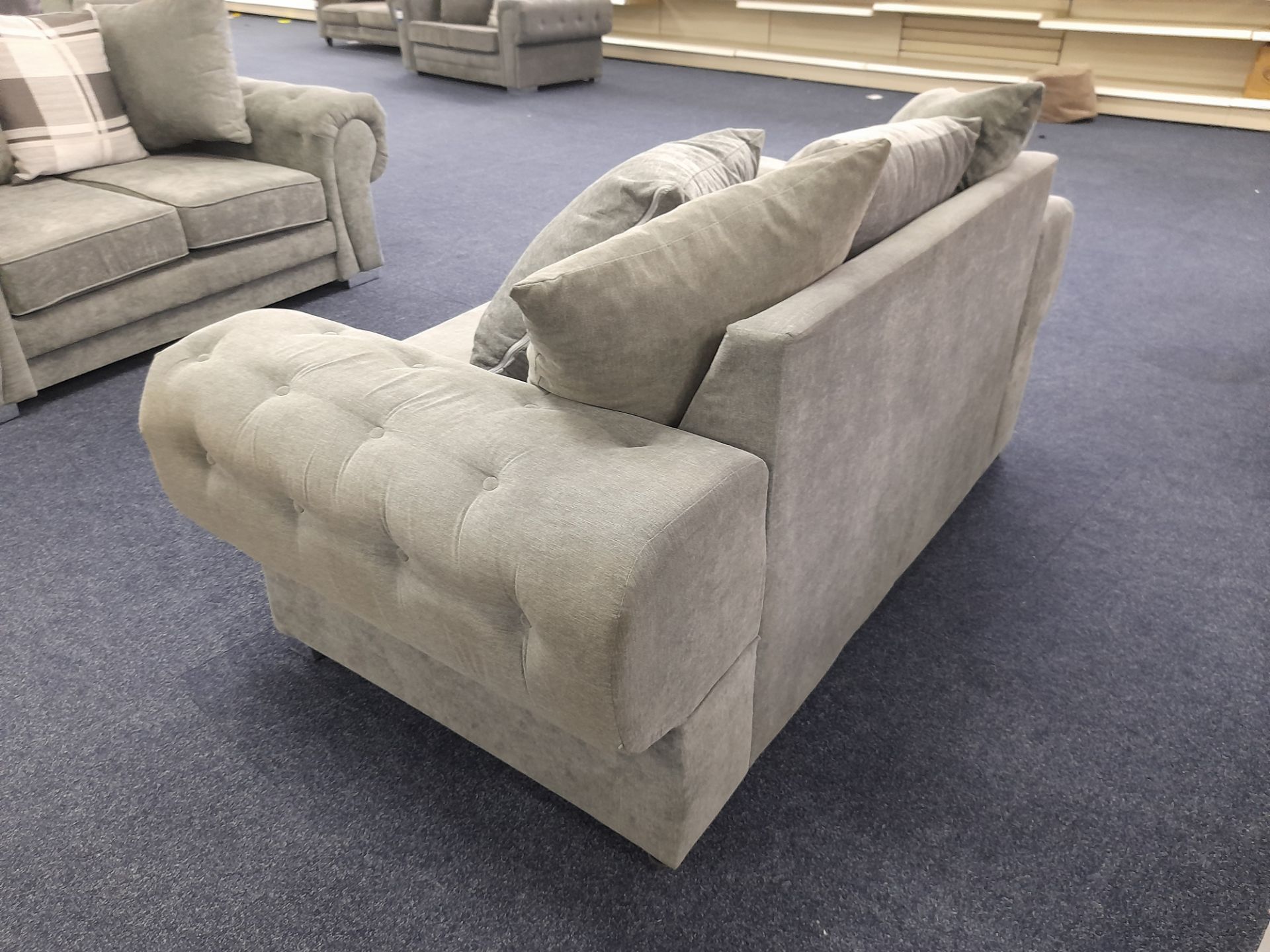 Grey fabric upholstered, 2 seater, scatter cushioned back sofa (Return - Damage to arm) - Image 6 of 6