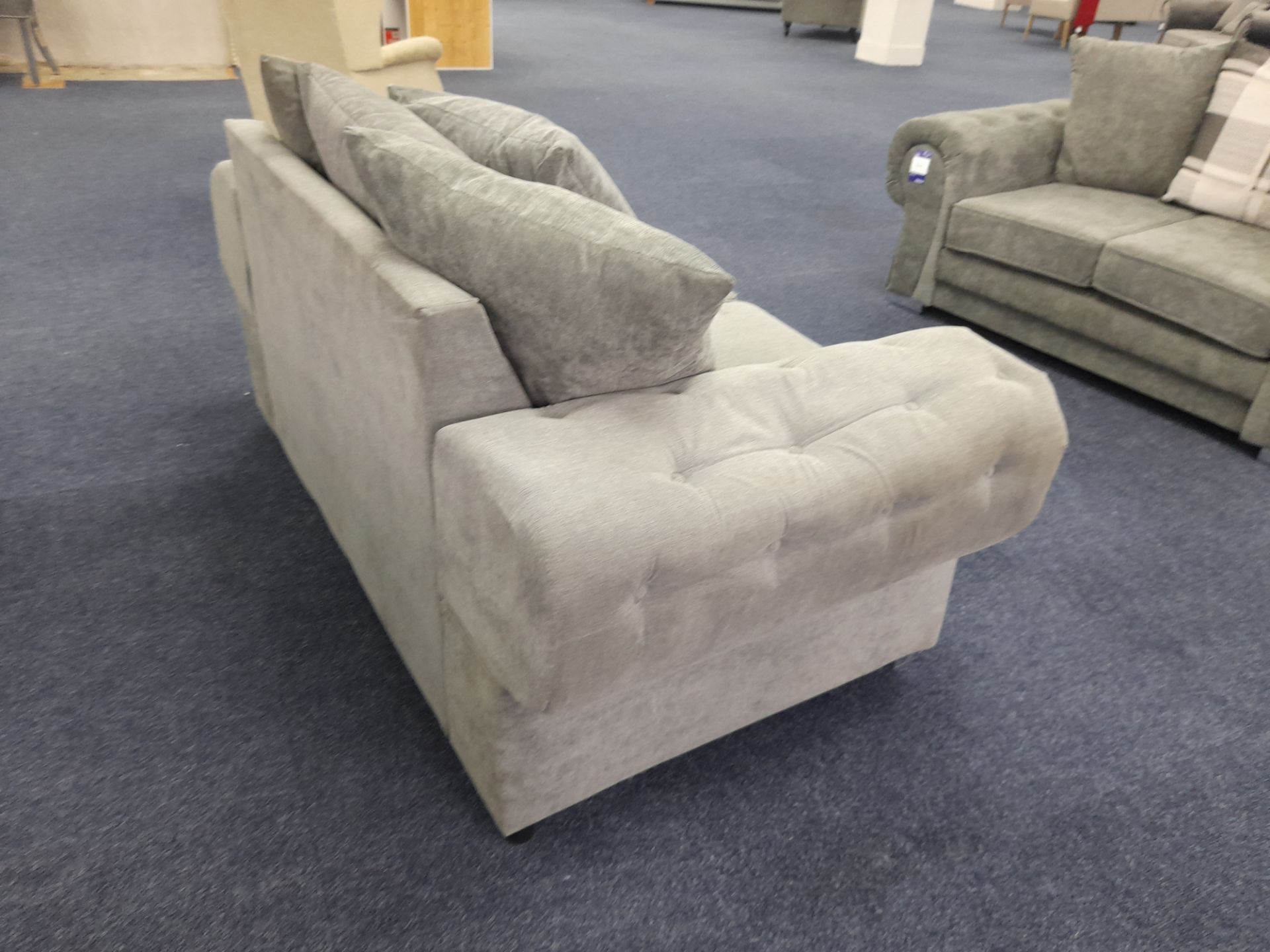 Grey fabric upholstered, 2 seater, scatter cushioned back sofa (Return - Damage to arm) - Image 5 of 6