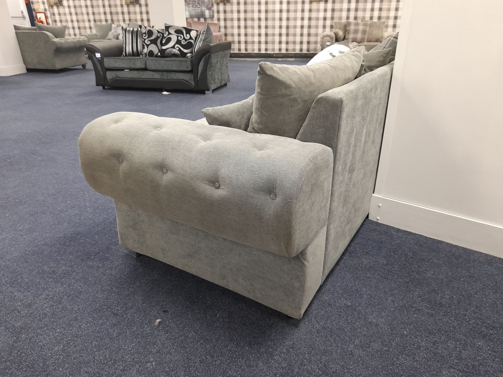 Grey fabric upholstered, 3 seater, scatter cushioned back sofa (Ex-Display) - Image 4 of 4